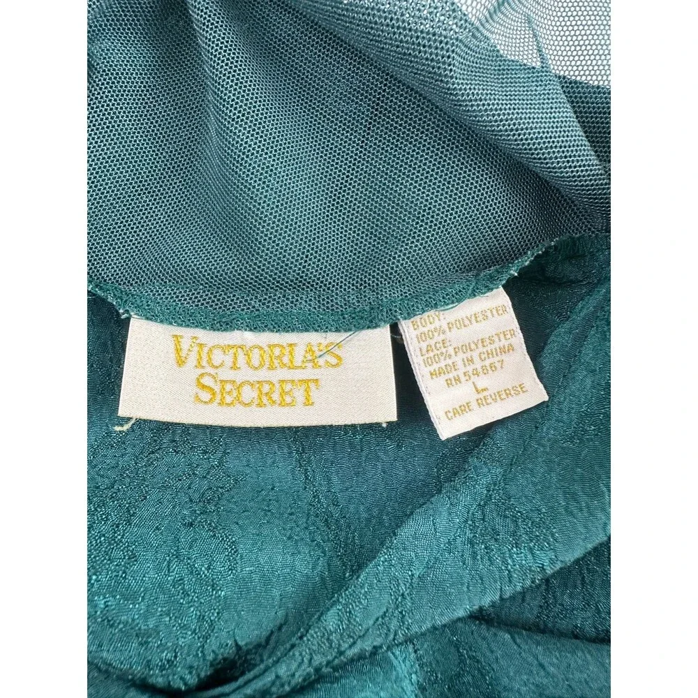 Victorias Secret Gold Label Emerald Green Satin Maxi Slip Gown Floral Jacquard L